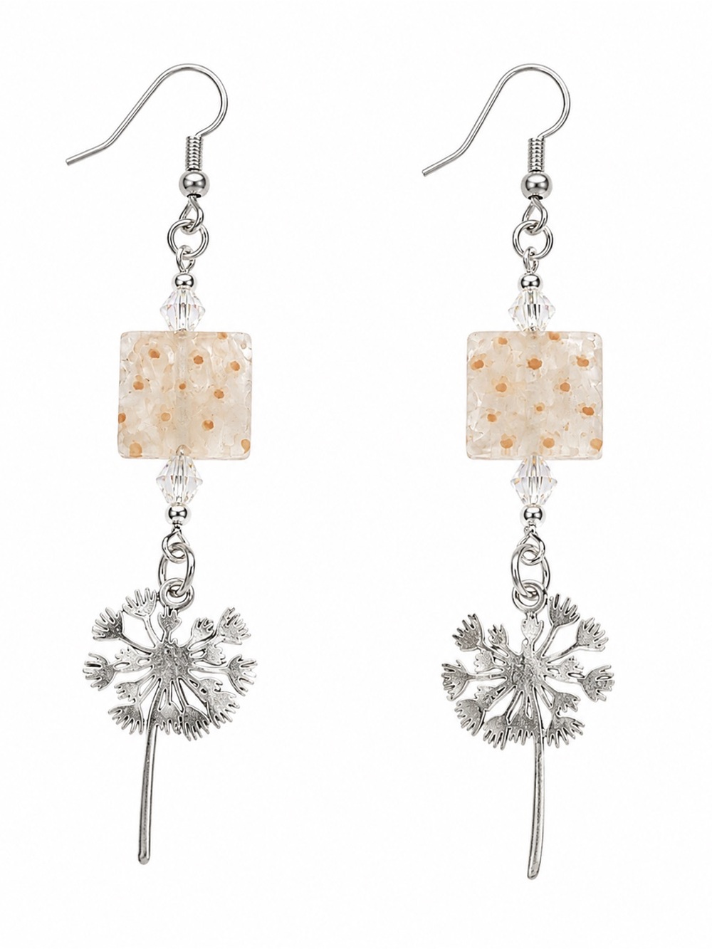 Delicate Dandelion Drop Earrings with Square Glass and Pale Yellow  Crystal Bead